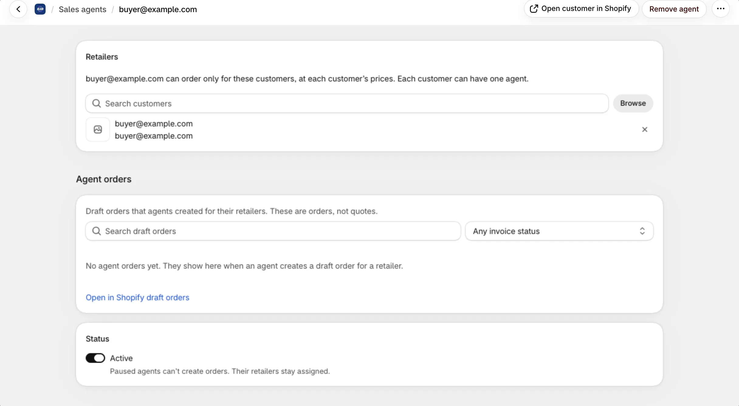 Agent detail page with the Retailers picker, the Active status switch and the Remove agent action