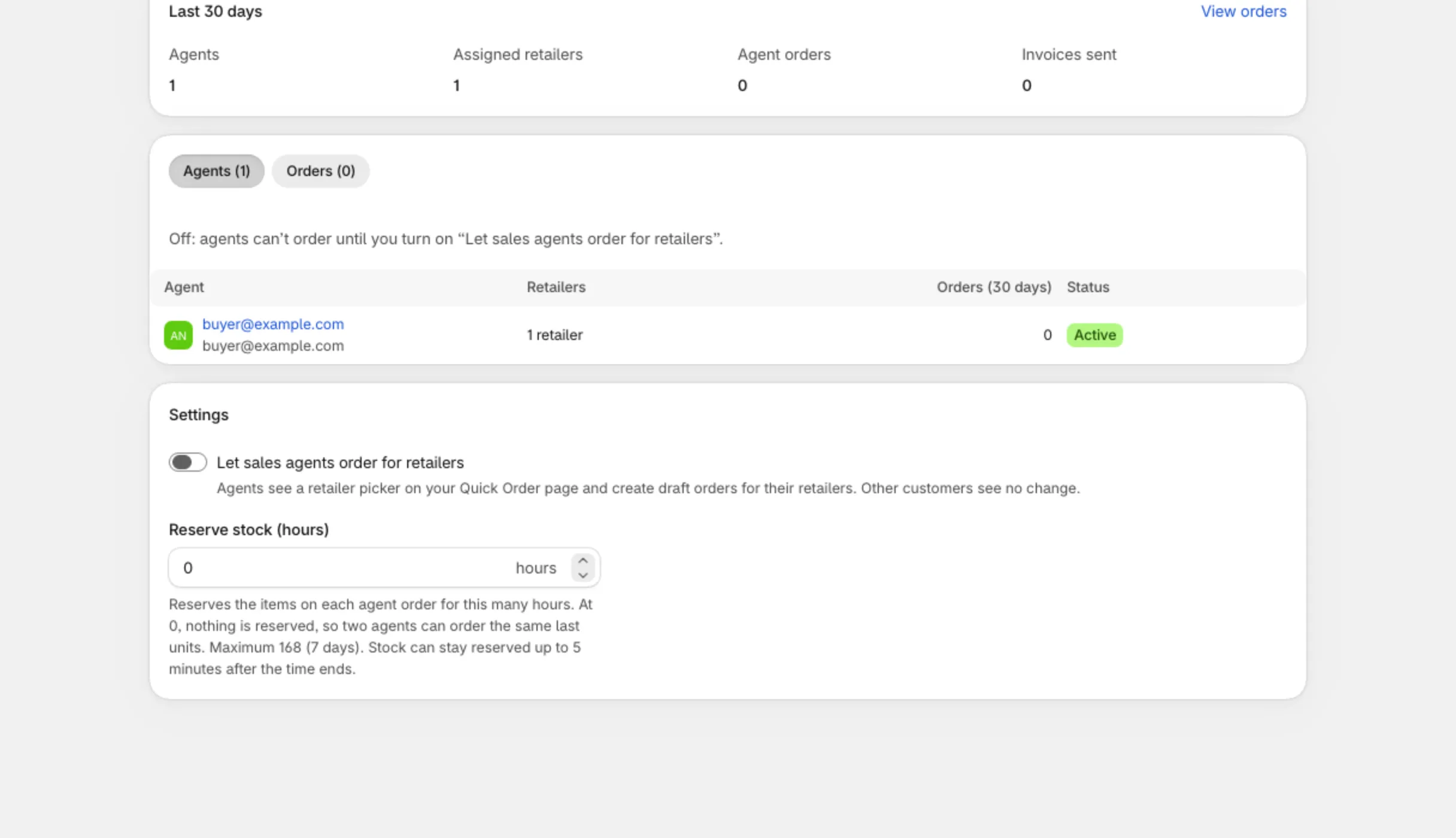 Admin Sales agents page: settings card (toggle and Reserve stock) and the agents table with Agent, Retailers, Status