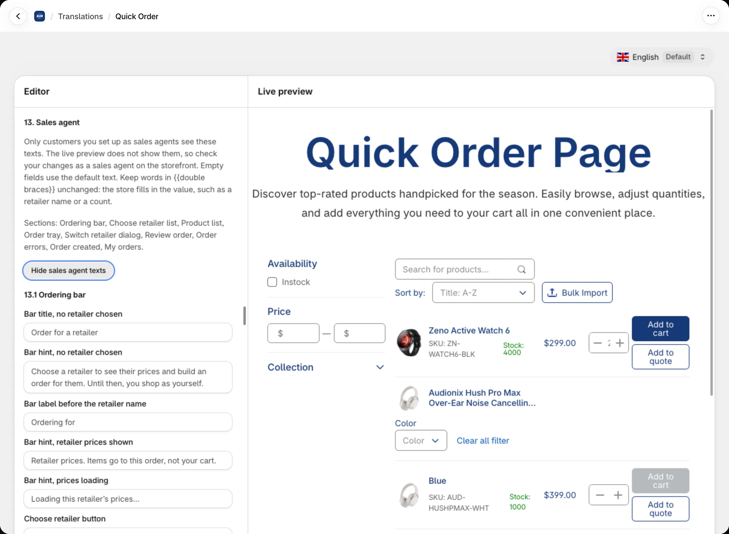 Quick Order translations editor with the Sales agent section expanded