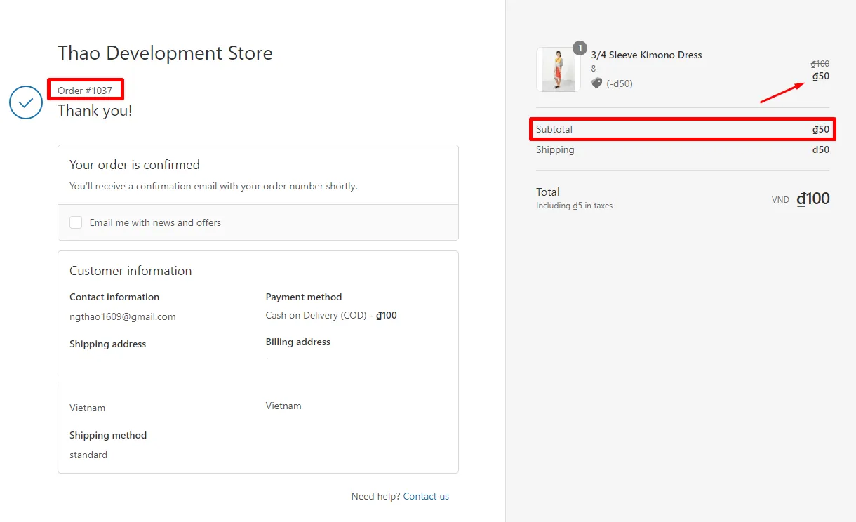 Order confirmation page for order #1037 showing the Kimono Dress reduced from 100 to 50 and a subtotal of 50