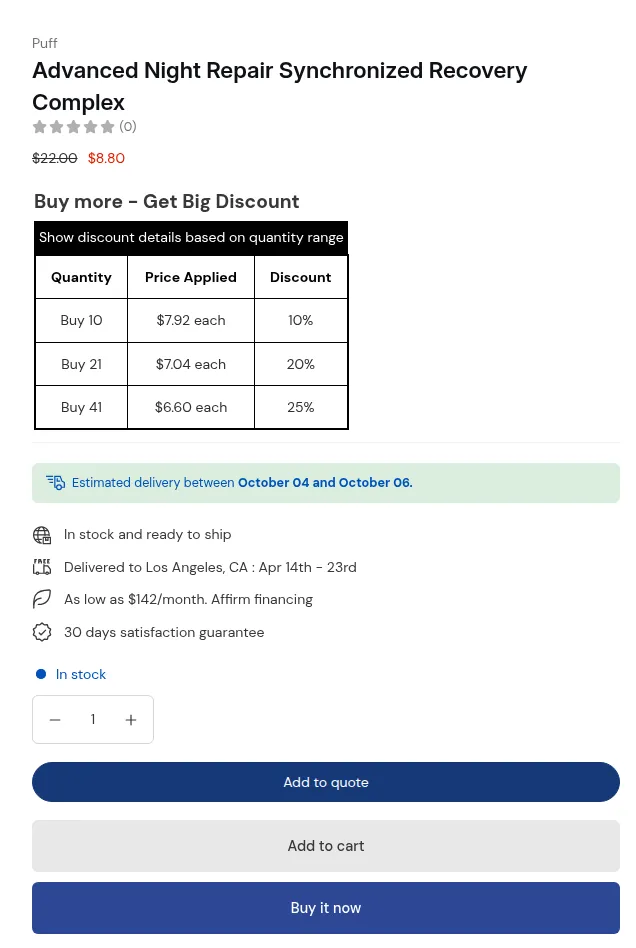 Product page with the Add to quote button above Add to cart