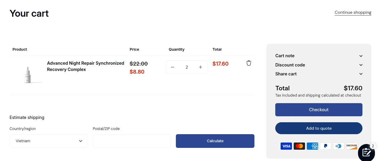 Cart page with an Add to quote button under Checkout, so the buyer can turn the cart into a quote