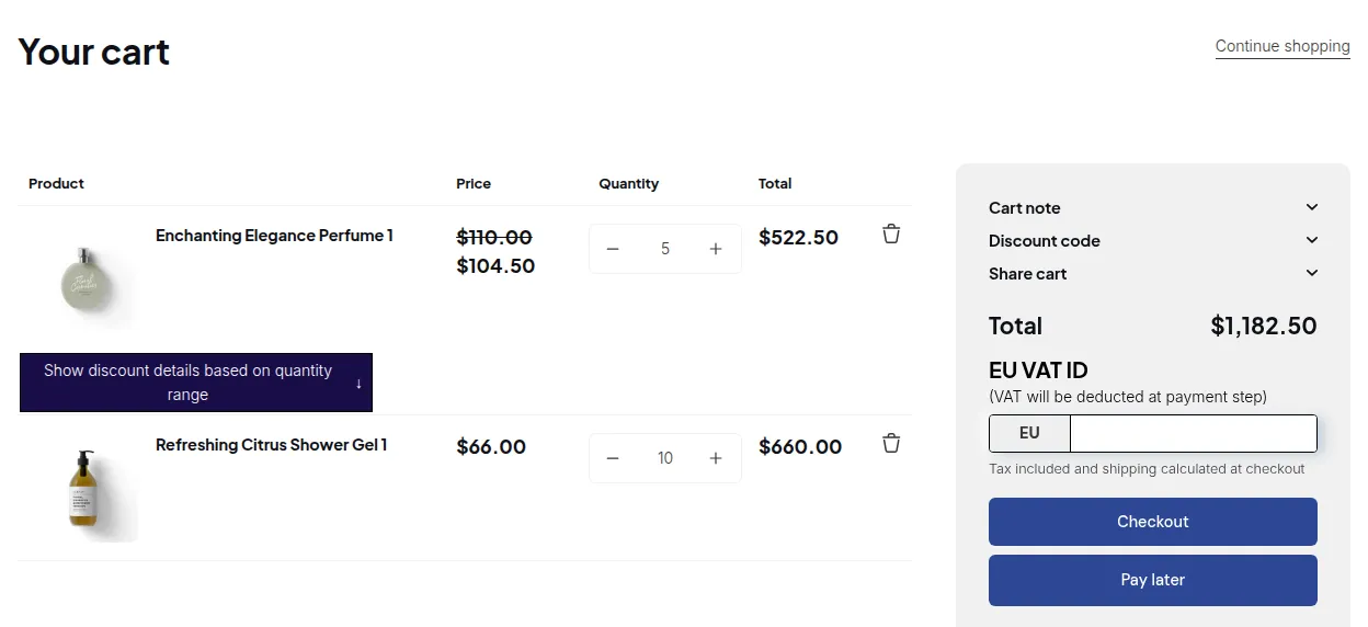 Cart page for a Net Terms customer: a Pay later button below Checkout