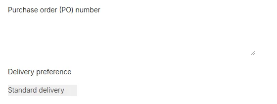 Cart page with two custom fields: a Purchase order (PO) number text area and a Delivery preference dropdown