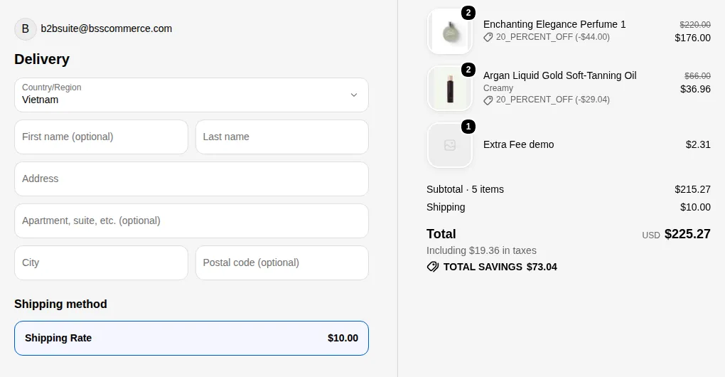 Checkout for a logged-in B2B customer: the shipping method is the rule name Shipping Rate at $10.00