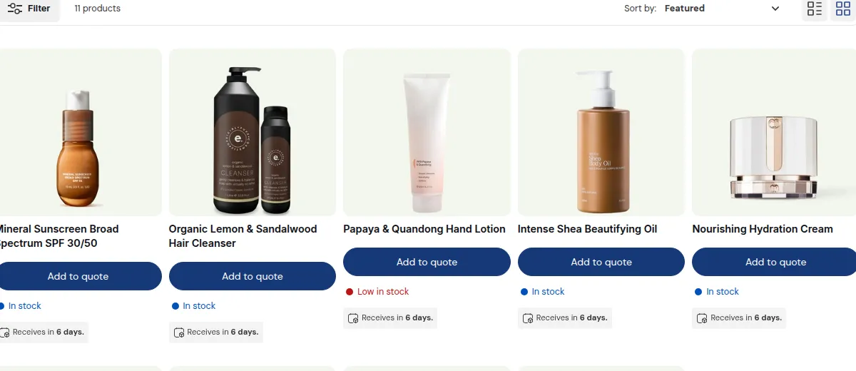 Collection page with an Add to quote button under each product