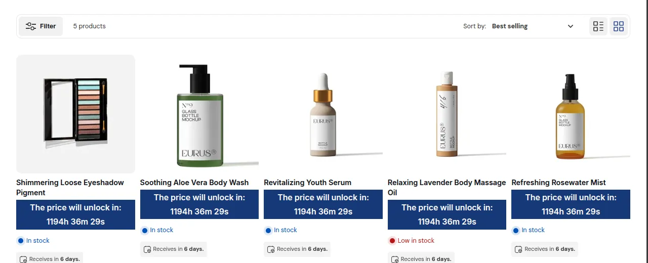 Collection page: each locked product shows the same countdown instead of its price.