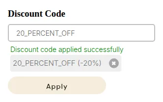 Discount Code box: Discount code applied successfully, 20_PERCENT_OFF (-20%)