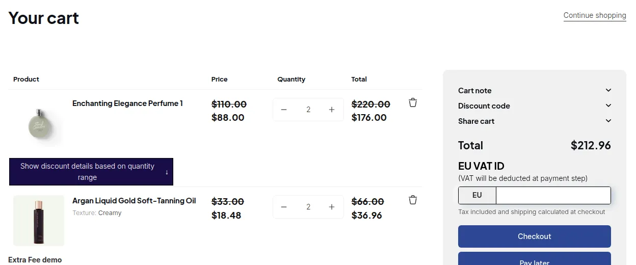 Cart after the code: each line shows the original price struck through and the discounted price