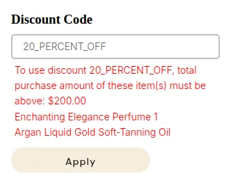 Discount Code box: 20_PERCENT_OFF needs a total of at least $200.00 for the listed items