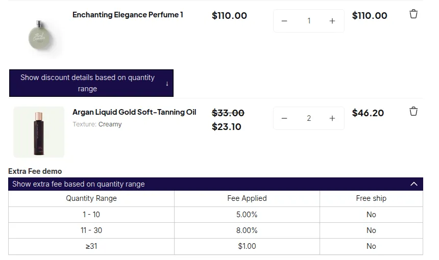 Cart with the Extra Fee table open under the product
