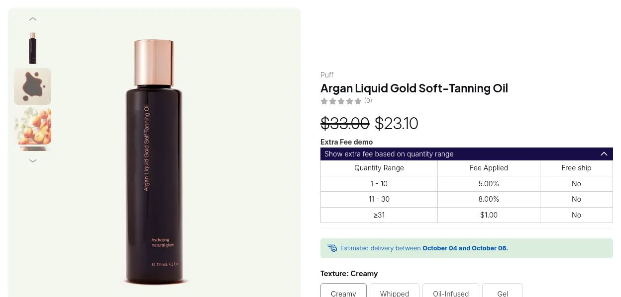 Product page with the Extra Fee table: 1 to 10 at 5%, 11 to 30 at 8%, 31 or more at $1.00
