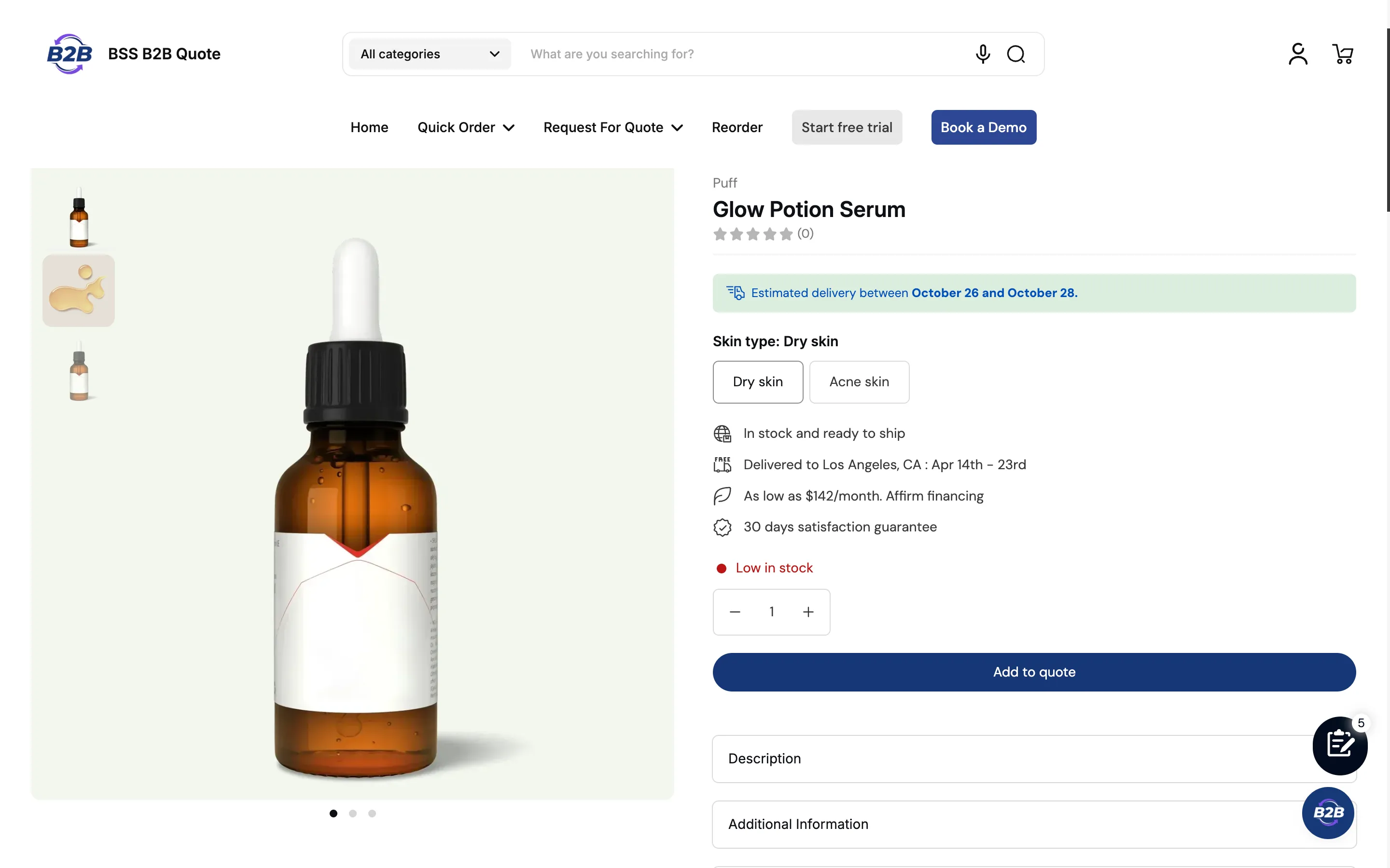 Storefront product page with the price and Add to cart hidden and an Add to quote button