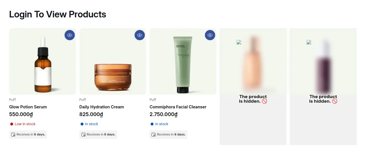 Storefront collection for a guest: locked products show “The product is hidden.” in place of the product card
