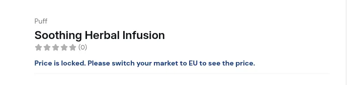 Storefront product page outside the allowed market: “Price is locked. Please switch your market to EU to see the price.”