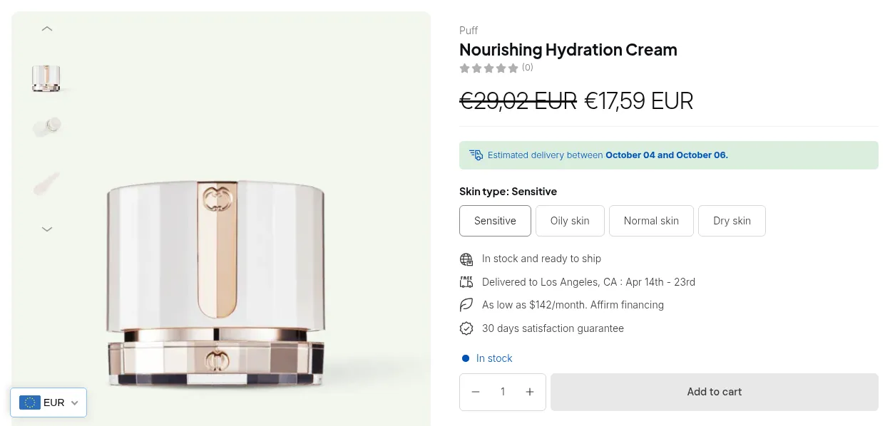 Product page in EUR: custom price €17,59 EUR next to the original €29,02 EUR