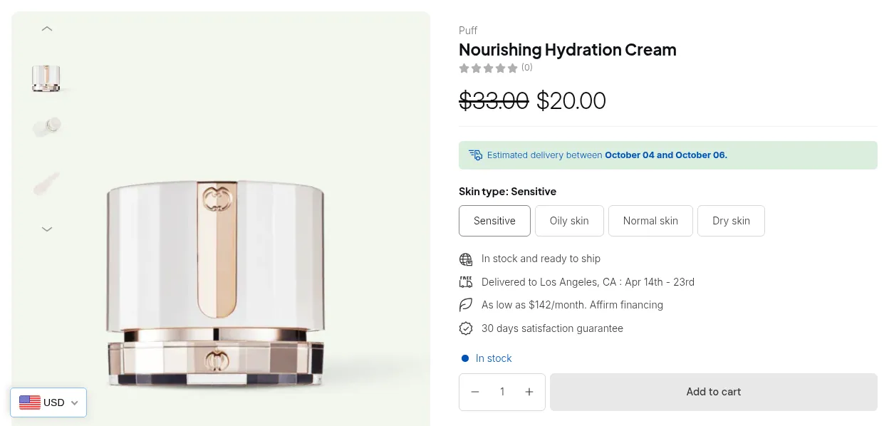 The same product in USD: custom price $20.00 next to the original $33.00