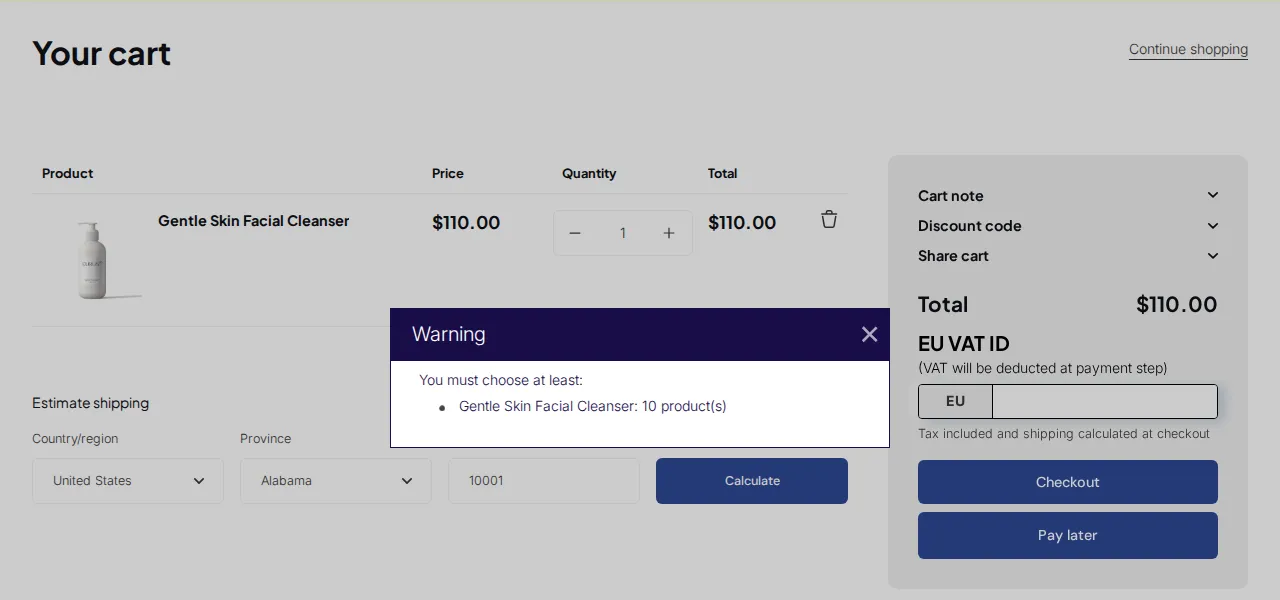 Cart page: after clicking Checkout, a Warning pop-up says the buyer must choose at least 10 units of Gentle Skin Facial Cleanser