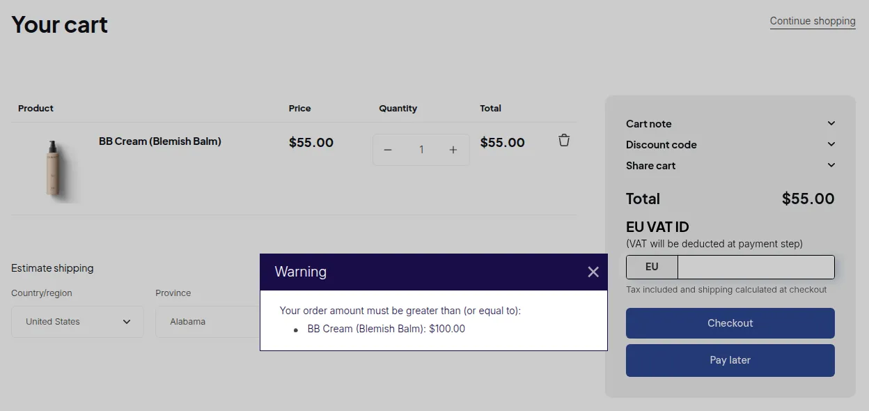 Cart page: a warning pop-up says the order amount must be at least $100.00