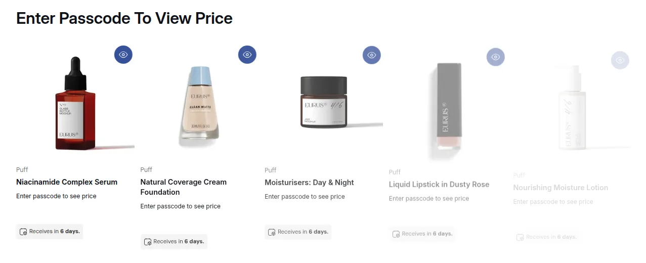 Storefront collection with a passcode price lock: “Enter passcode to see price” under each product