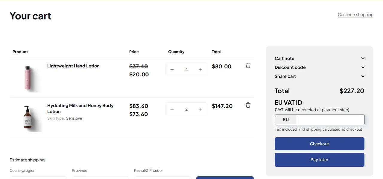 Cart for a B2B buyer on a price list: Lightweight Hand Lotion at $20.00 instead of $37.40 and Hydrating Milk and Honey Body Lotion at $73.60 instead of $83.60