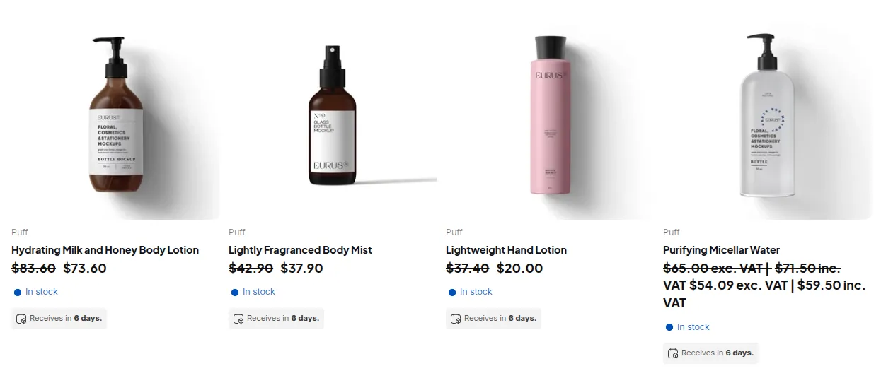 Collection grid for a logged-in customer: each product at its own price list price, with the original price struck through