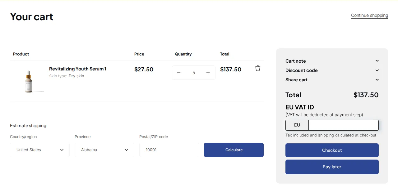 Cart with Revitalizing Youth Serum at a quantity of 5, the first allowed step of a Quantity Increment rule in packs of 5