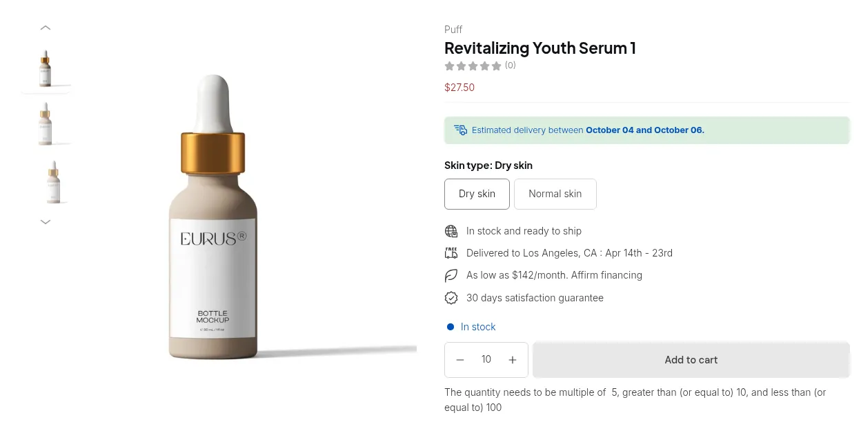 Product page with an increment of 5: the quantity box starts at 10 and a guide explains the allowed quantities
