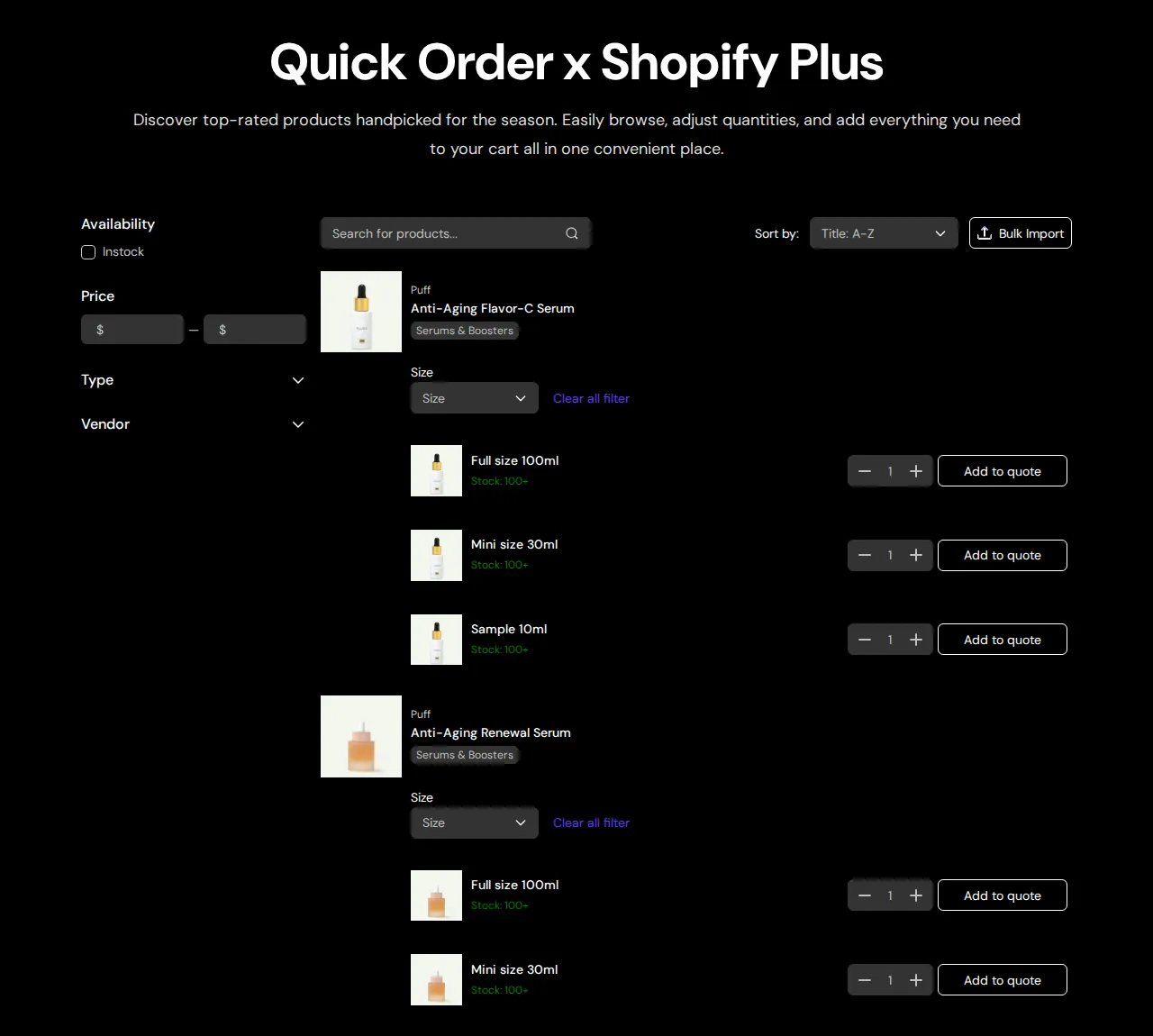 Quick Order x Shopify Plus demo page: every variant listed on its own row with quantity and Add to quote