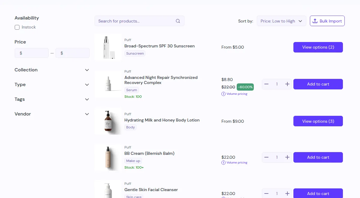 Quick Order page on the storefront with B2B prices: discount badges, Volume pricing links, View options for products with variants, and Bulk Import