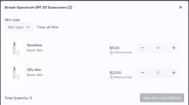 Storefront variant modal: one row per variant with price, Volume pricing, quantity and Add All to Cart