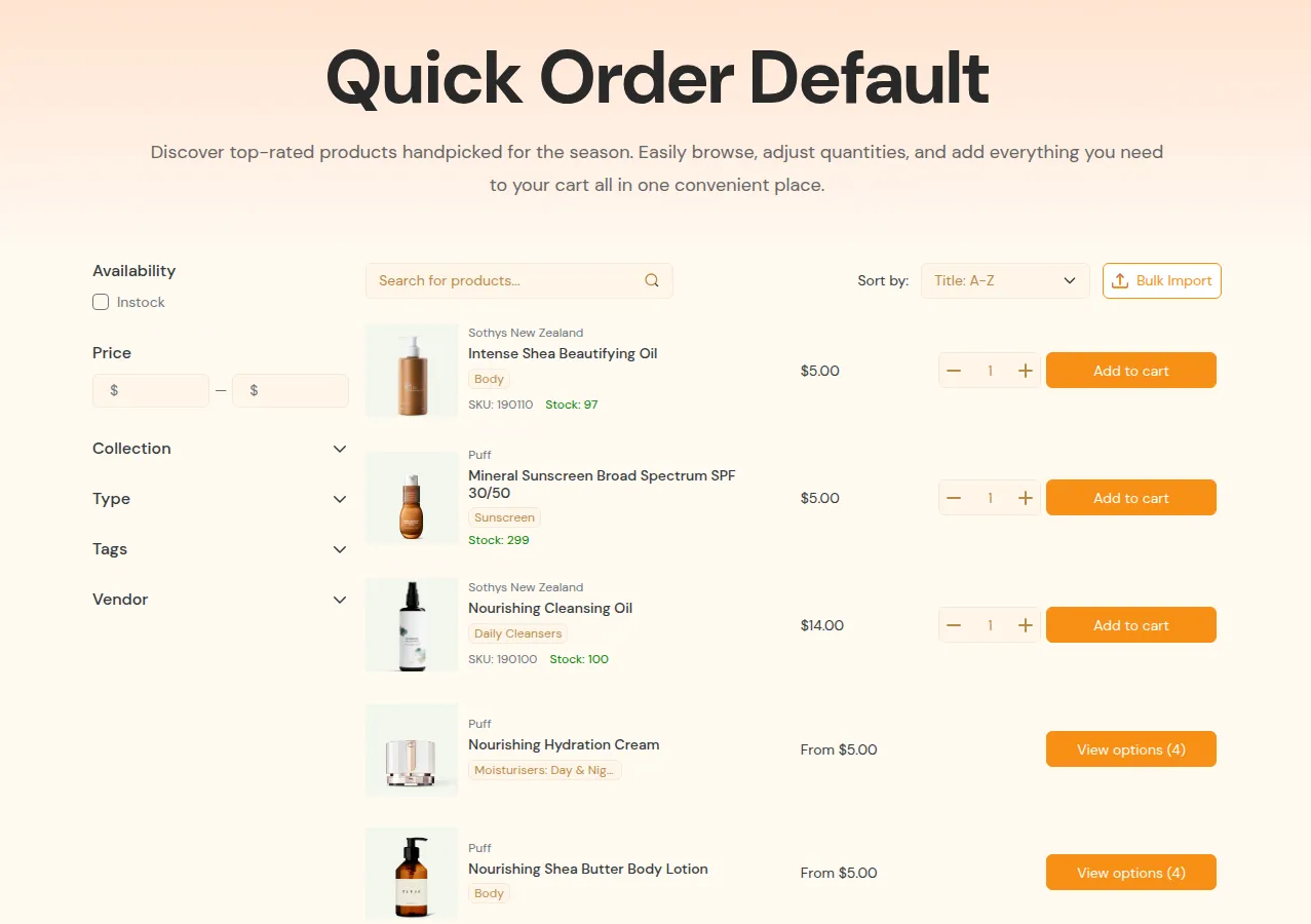 Quick Order page on the storefront: filters, product search, Bulk Import and a row per product with quantity and Add to cart