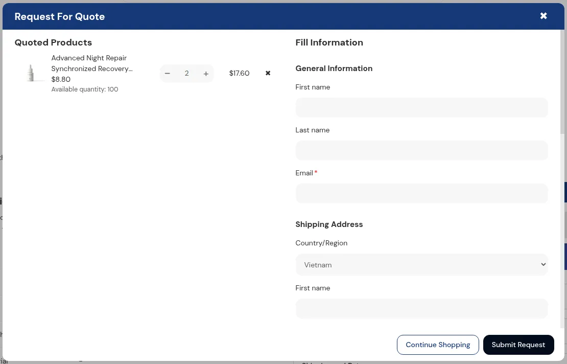 The quote widget opened on the storefront: quoted products on the left and the request form on the right