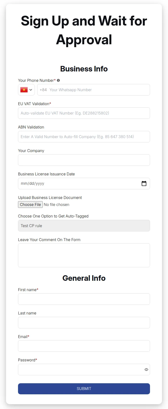 Wholesale registration form on the storefront: business info (phone, EU VAT, ABN, company, license document) and account details