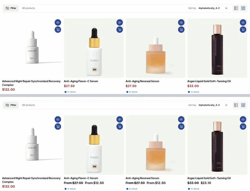 Same collection twice. Top: a retail guest sees $27.50, $27.50 and $33.00. Bottom: a wholesale buyer sees From $12.50, From $12.50 and $23.10, with the retail prices struck through
