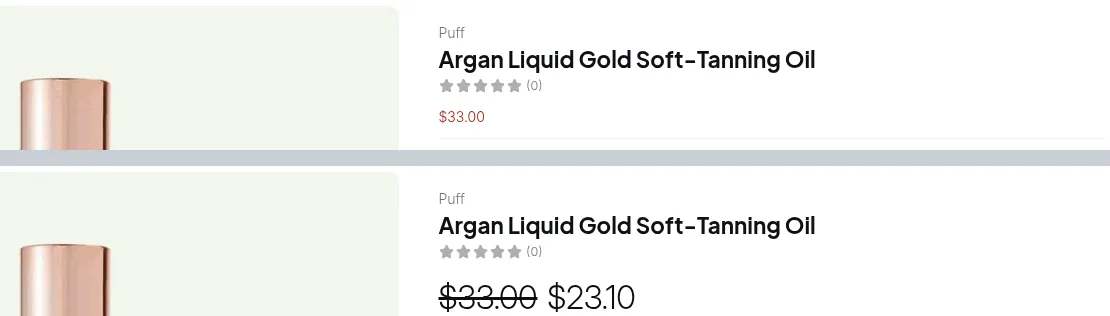 Same product twice. Top: a retail guest sees $33.00. Bottom: a wholesale buyer sees $23.10, with $33.00 struck through