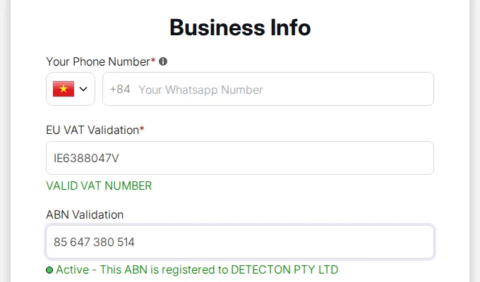 Registration form on the storefront: the EU VAT number shows VALID VAT NUMBER and the ABN shows it is active and registered to a company
