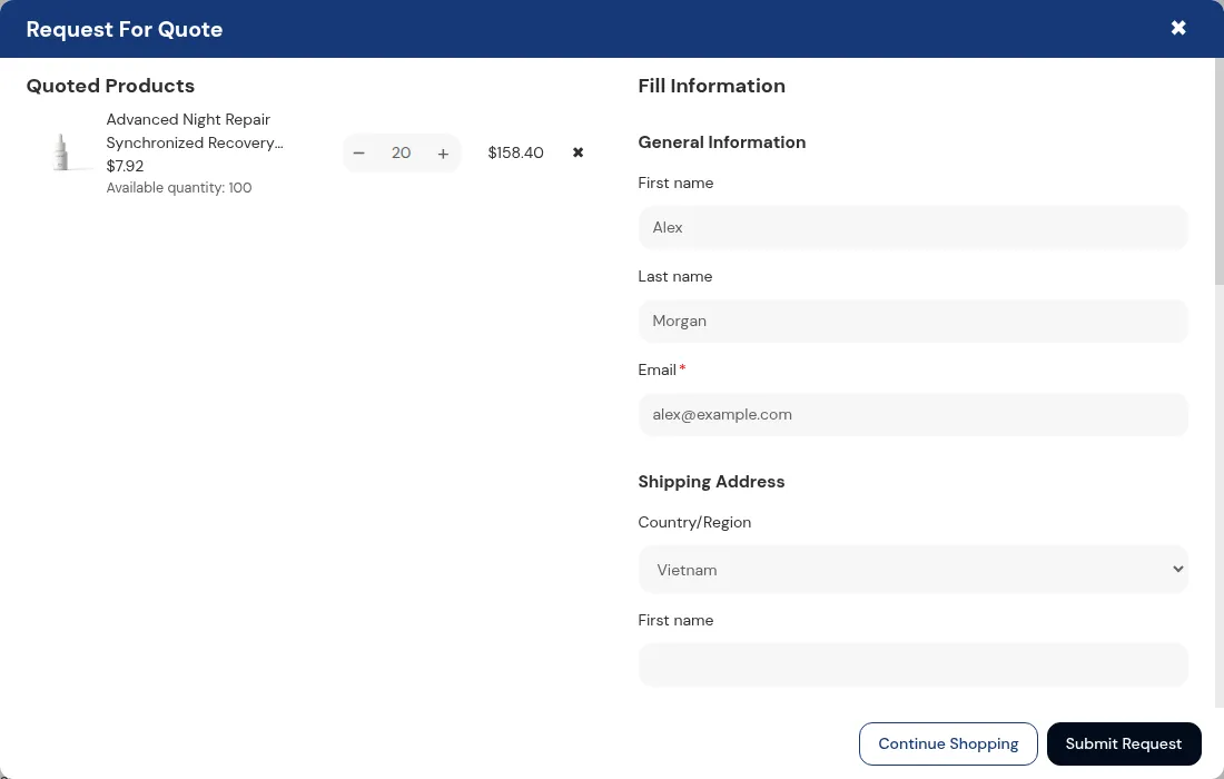 Request For Quote form: quoted products on the left, customer information on the right, then Submit Request