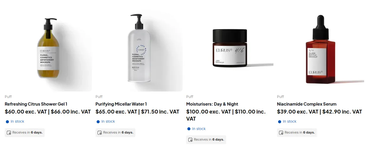 Collection grid showing each price excluding and including VAT, for example $60.00 exc. VAT | $66.00 inc. VAT