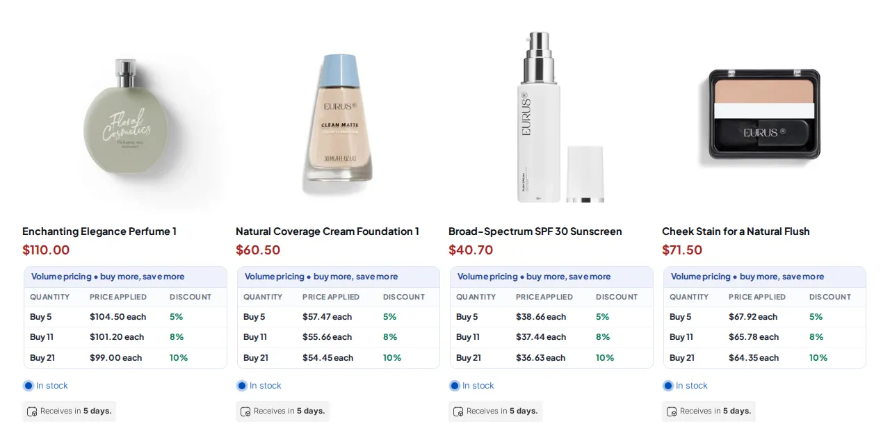 Collection page for a B2B buyer: every product card shows its Volume Pricing table with Buy 5, Buy 11 and Buy 21 tiers and the discount for each