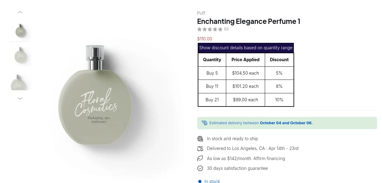 Product page with the quantity table: Buy 5 at $104.50 each (5%), Buy 11 at $101.20 each (8%), Buy 21 at $99.00 each (10%)