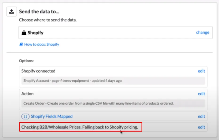 EasyCSV options after saving, now showing Checking B2B/Wholesale Prices. Falling back to Shopify pricing