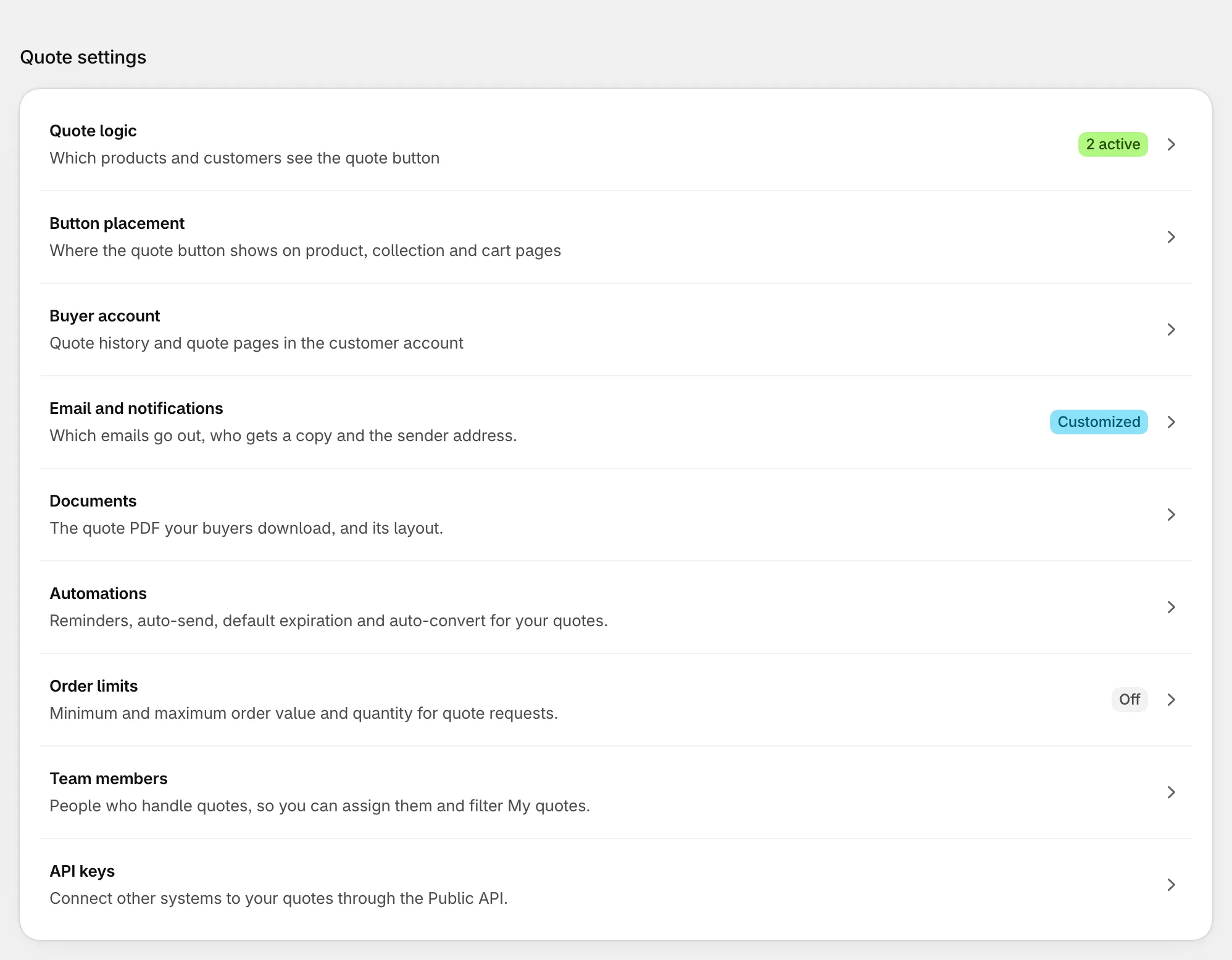 Settings page with the Quote settings card: Quote logic, Button placement, Buyer account, Email and notifications, Documents, Automations, Order limits, Team members and API keys