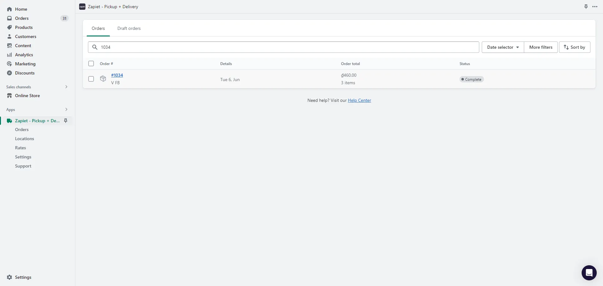 Zapiet - Pickup + Delivery app in Shopify admin showing the Orders tab with order #1034 marked Complete