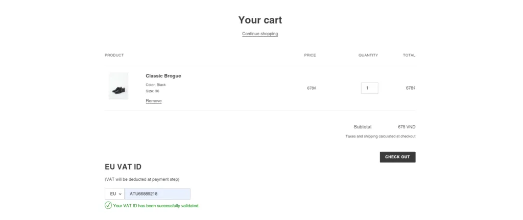 Cart page with an EU VAT ID entered and the message Your VAT ID has been successfully validated