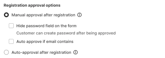 BSS B2B Solution registration approval options with Manual approval after registration selected