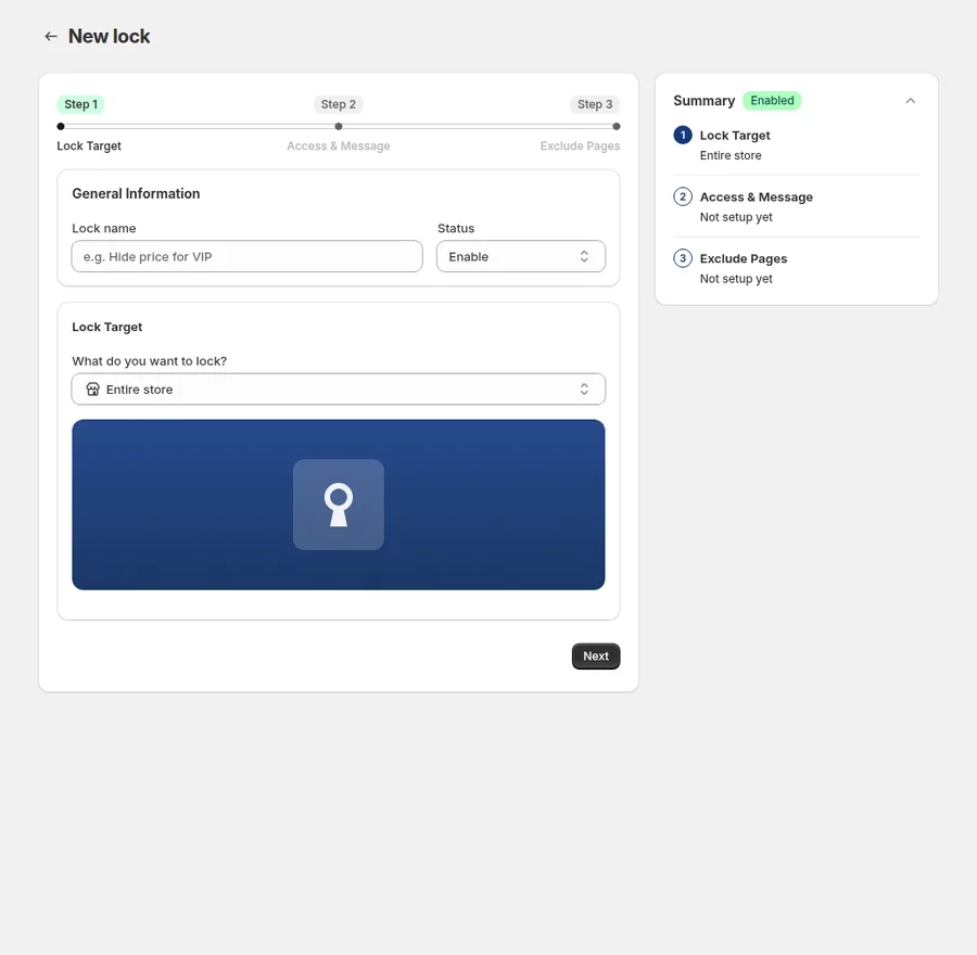Animation: create a Collections lock, add Rule 1 with Tagged customers and Rule 2 with a passcode, then continue to Exclude Pages