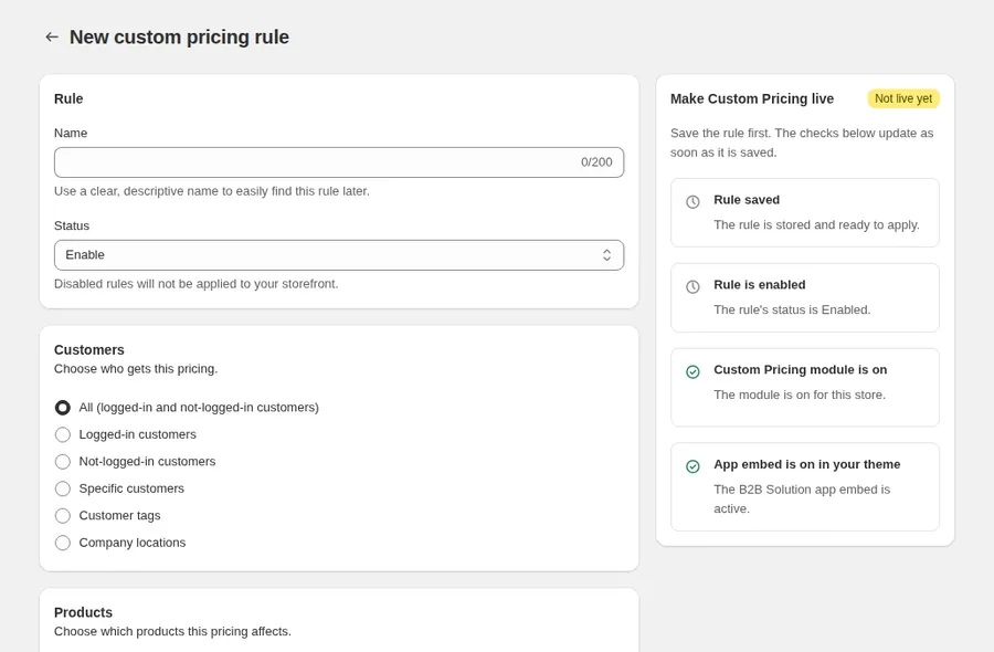 Animation: name the rule, choose Customer tags and select the VIP tag, then choose Decrease in percentage and enter 20