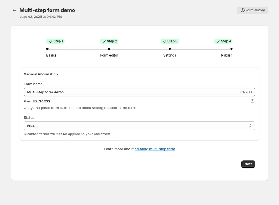 Animation: the multi-step form editor steps Basics, Form editor with Step 1 and Step 2, Settings, and Publish