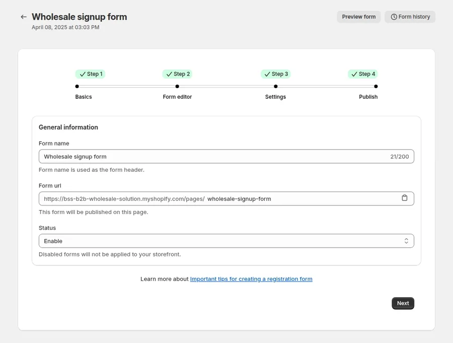 Animation: the four steps of the registration form editor, Basics, Form editor, Settings and Publish